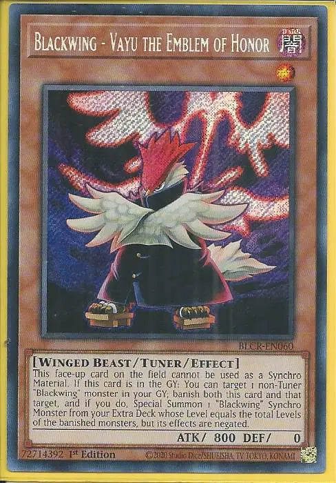 Yugioh - Blackwing - Vayu the Emblem of Honor *Secret Rare* BLCR-EN060 (NM)